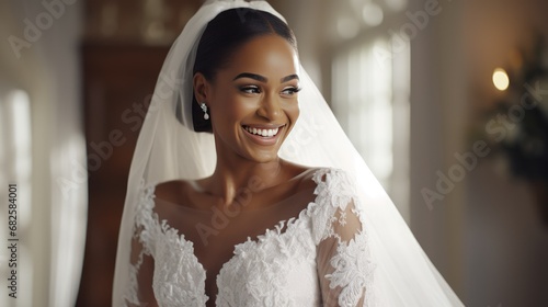 Portrait of a beautiful bride wearing her wedding dress and veil photo