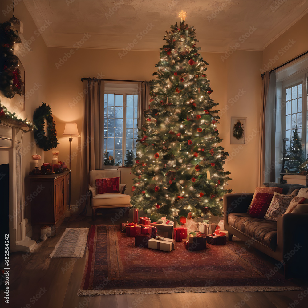 Family holiday room with the spirit of Christmas and a tall tree under which long-awaited gifts lie Family holiday room with the spirit of Christmas and a tall tree under which long-awaited gifts lie