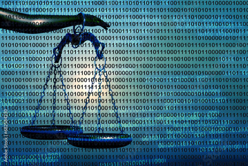 Law digital technology concept. Artificial intelligence lawyer idea with justice scales on binary code numbers background. 3D render illustration.