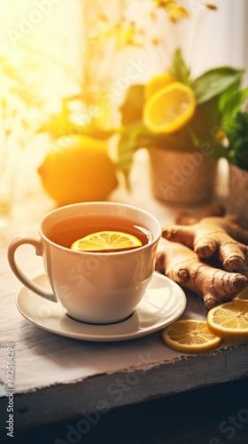 Cup of ginger tea with lemon and mint on wooden table