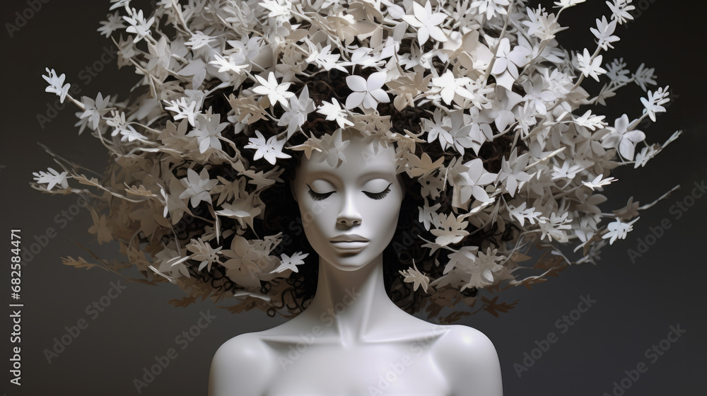 Surreal illustration of a woman with leaves for hair. Introspection and meditation. Nature.