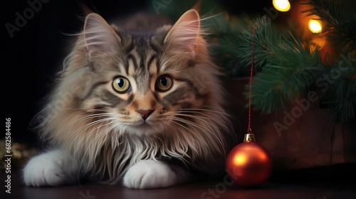 Illustration of a portrait of a beautiful and mischievous kitty in the holidays