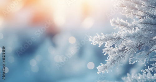 Beautiful winter background image of frosted spruce branches and small drifts of pure snow with bokeh Christmas lights and space for text.