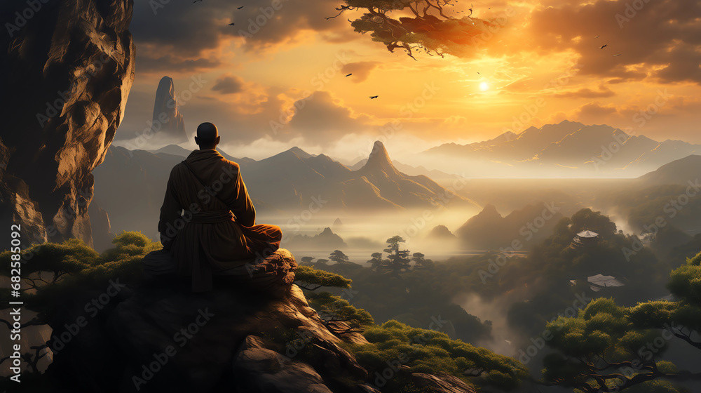 a monk mediating on top of a mountain a monk mediating on top of a mountain
