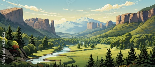 In the picturesque European summer, a travel poster showcases the breathtaking landscape of a dense forest framed by majestic sandstone mountains in a natural park, inviting vacationers to embark on photo
