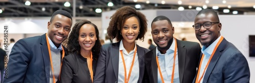 Black businesspeople teamwork posing smiling looking at the camera at a business industry expo convention center meeting. Concept image for a international exhibition, conference center, event fair photo