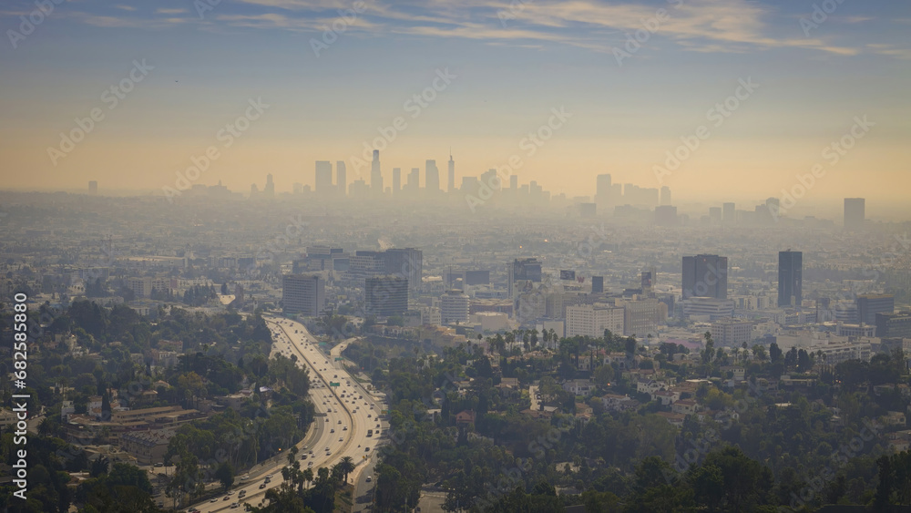 Aerial view over Los Angeles from Mulholland Drive - Los Angeles Drone footage - aerial photography