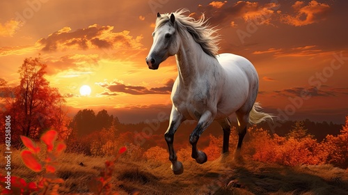 In the summer, amidst the serene embrace of nature's vibrant green landscape, a majestic white horse with flowing black hair roams freely, its eyes a captivating shade of orange and black, reflecting