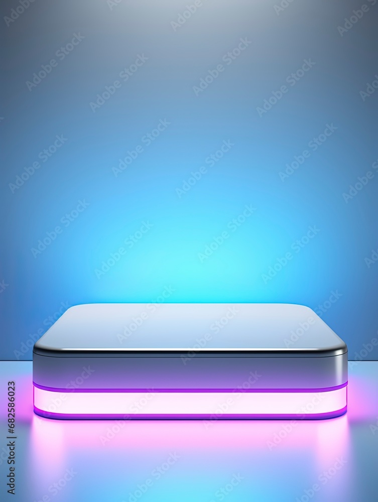 Silver Pedestal of platform display with neon modern stand podium on white room background. Blank Exhibition stage backdrop or empty product shelf, copy space, generative ai Silver Pedestal of platform display with neon modern stand podium on white room background. Blank Exhibition stage backdrop or empty product shelf, copy space, generative ai