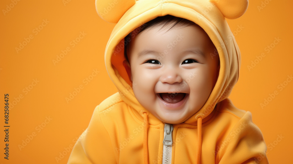 Portrait of Asian happy child on yellow background in bear costume Portrait of Asian happy child on yellow background in bear costume