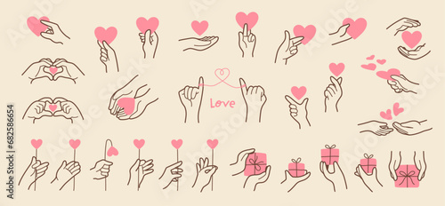 Illustration collection of hands in various poses giving love and gifts