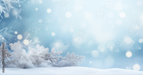 Beautiful winter background image of frosted spruce branches and small drifts of pure snow with bokeh Christmas lights and space for text. © kdcreativeaivisions