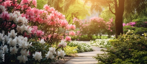 In the lush garden, amidst the vibrant green foliage, a colorful array of pink and white flowers bloomed, their delicate petals adding an enchanting beauty to the springtime scenery. © AkuAku