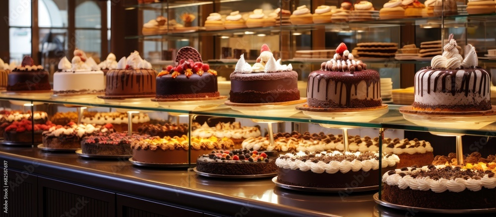 The beautiful bakery displayed a wide array of gourmet desserts, from exquisite chocolate cakes to healthy breakfast pastries, each with exquisite decoration and irresistible flavors, attracting food