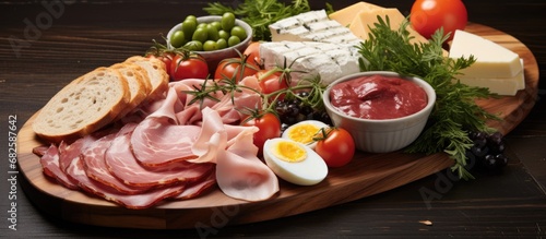 In the culinary world of gastronomy, a gourmet breakfast consisting of a healthy meal with an assortment of ingredients like turkey, beef, and pork is served on a wooden board, showcasing a selection