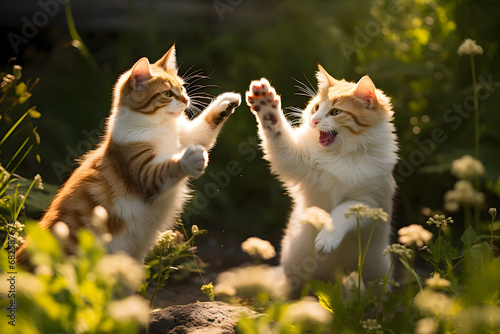 Cats fighting each other, paws jumping, outdoor environment photo