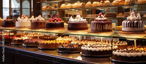 The beautiful bakery displayed a wide array of gourmet desserts, from exquisite chocolate cakes to healthy breakfast pastries, each with exquisite decoration and irresistible flavors, attracting food