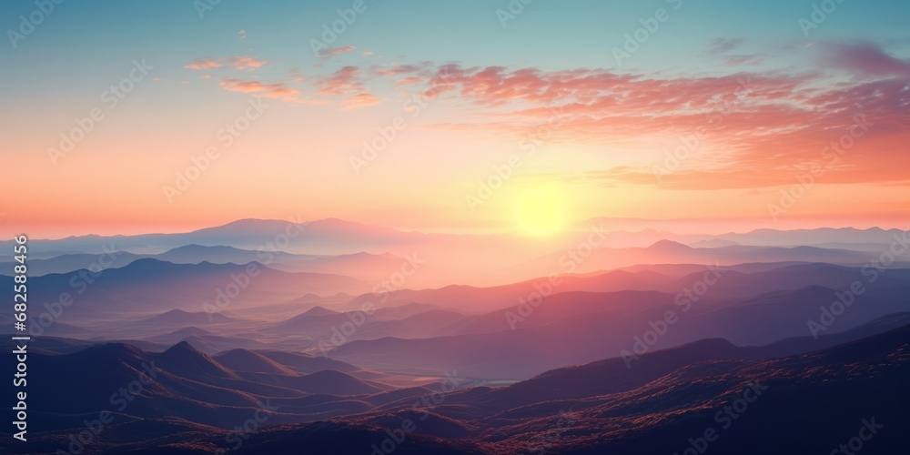 Serene morning glow paints mountain peaks and valleys below, Generative AI