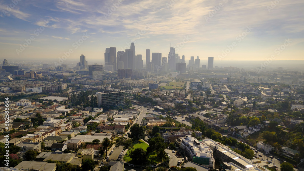 Fototapeta premium Downtown Los Angeles in the mist - aerial view - Los Angeles Drone footage - aerial photography