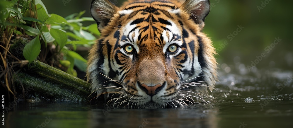 In the lush jungles of Asia, a majestic tiger emerges from the dense foliage, its powerful gait reflected in the tranquil river waters, capturing an exquisite portrait of nature's beauty while In the lush jungles of Asia, a majestic tiger emerges from the dense foliage, its powerful gait reflected in the tranquil river waters, capturing an exquisite portrait of nature's beauty while
