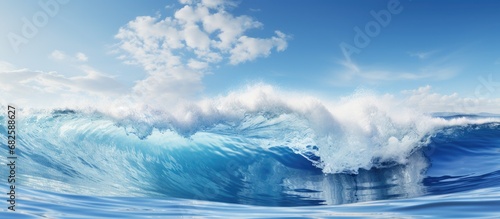 In the abstract beauty of nature's summer, a wavy white wave crashes against the blue ocean surface, releasing energy and creating a foamy motion on the liquid water, showcasing the wellness and © AkuAku