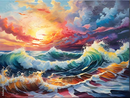 highly quality acrylic oil paint of a Colorful Ocean Wave on Sunset light and beautiful clouds background. 