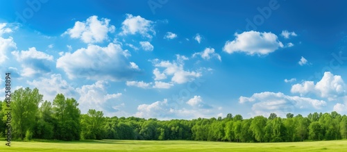 In the midst of a beautiful summer day, the sky was painted in a calming blue, adorned with fluffy white clouds, creating a picturesque landscape against the lush green forest. The gentle rays of the