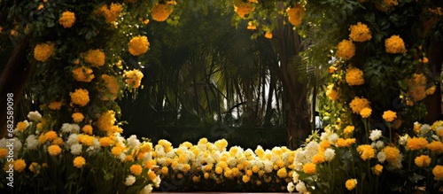 In the mesmerizing garden, vibrant yellow blooms adorned the lush greenery, creating a beautiful display of nature's exquisite craftsmanship.