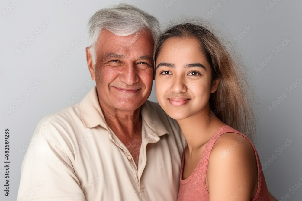 Smiling senior hispanic man posing with a young woman looking at the camera smiling Smiling senior hispanic man posing with a young woman looking at the camera smiling