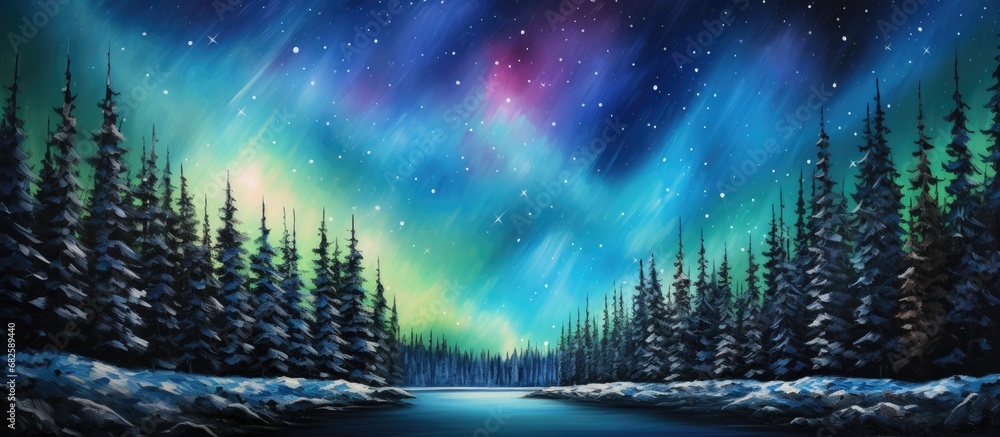 Amidst the tranquil winter landscape, a mesmerizing abstract display of colorful lights unfolded, resembling a galaxy in space, painting the sky with hues of green, black, and blue; a breathtaking