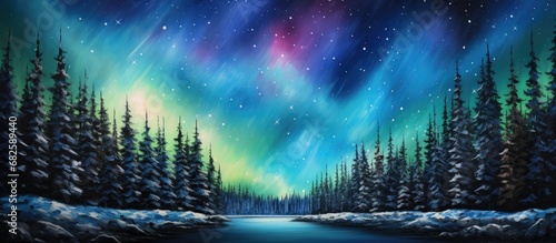 Amidst the tranquil winter landscape, a mesmerizing abstract display of colorful lights unfolded, resembling a galaxy in space, painting the sky with hues of green, black, and blue  a breathtaking © AkuAku