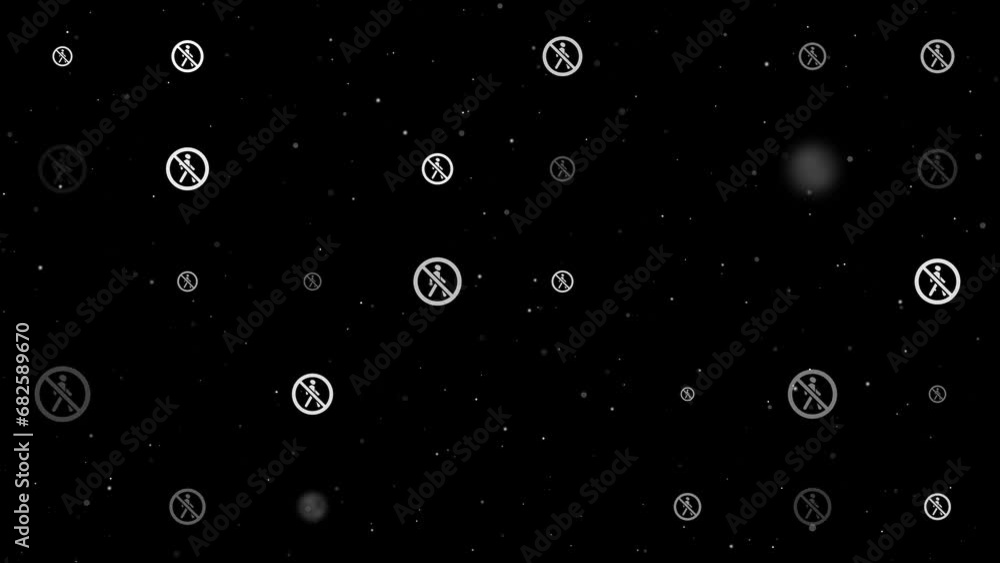 Template animation of evenly spaced pedestrian traffic prohibited signs of different sizes and opacity. Animation of transparency and size. Seamless looped 4k animation on black background with stars Template animation of evenly spaced pedestrian traffic prohibited signs of different sizes and opacity. Animation of transparency and size. Seamless looped 4k animation on black background with stars