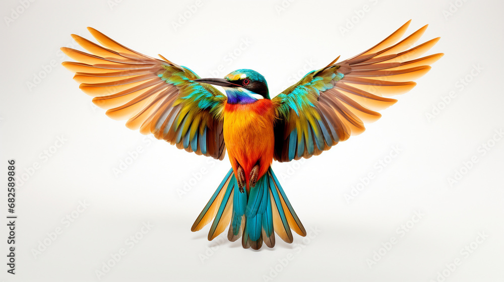 Obraz premium Colorful flying bird captured in color transparency against a white backdrop.