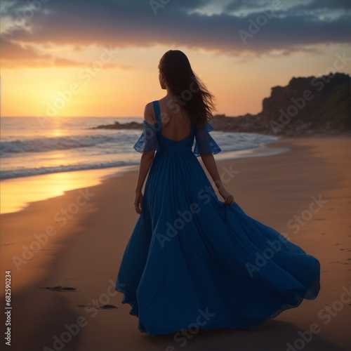 beautiful woman in a blue dress walking along the beach Generative AI