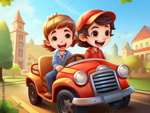 Kids driving a cute car cartoon 3d animation with Generative AI