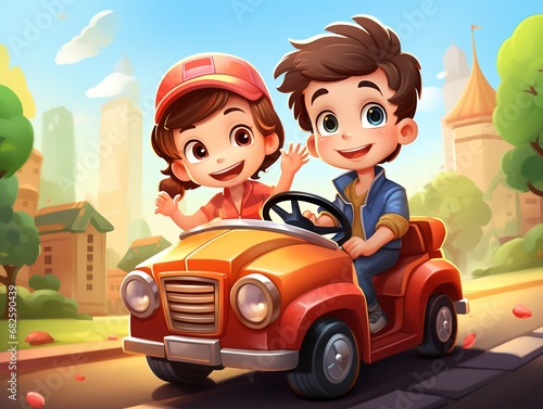 Kids driving a cute car cartoon 3d animation with Generative AI