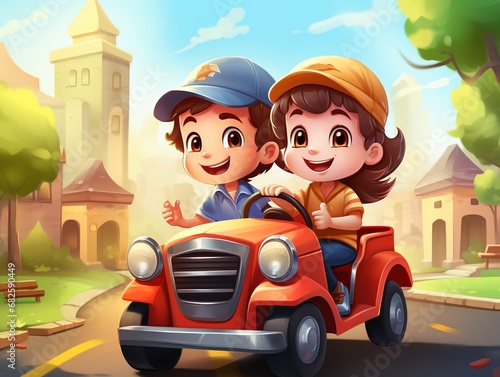 Kids driving a cute car cartoon 3d animation with Generative AI