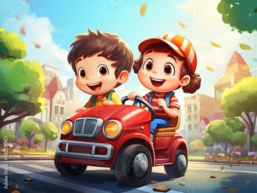 Kids driving a cute car cartoon 3d animation with Generative AI