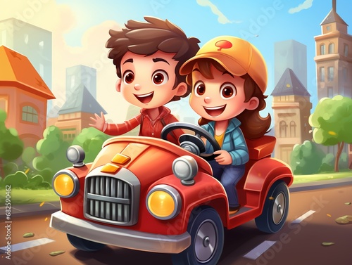 Kids driving a cute car cartoon 3d animation with Generative AI