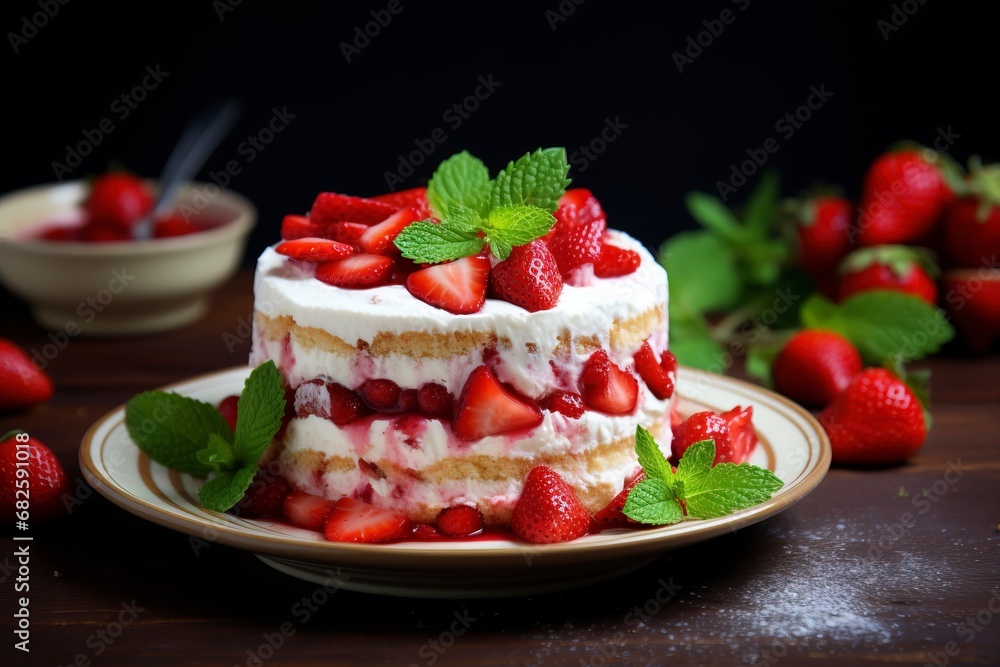 Photo delicious and sweet cake with strawberries and baiser on a plate , copy space, generative ai Photo delicious and sweet cake with strawberries and baiser on a plate , copy space, generative ai