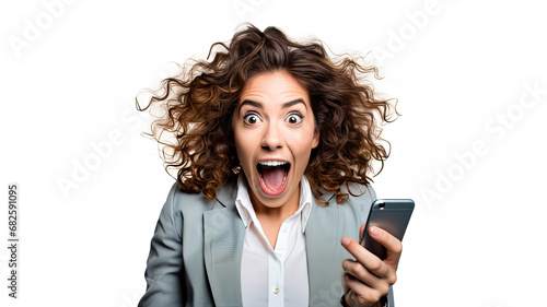 Woman holding smart phone device in her left hand, showing surprise and excitement over a white background. Using phone for texting, browsing social media, online shopping and internet.