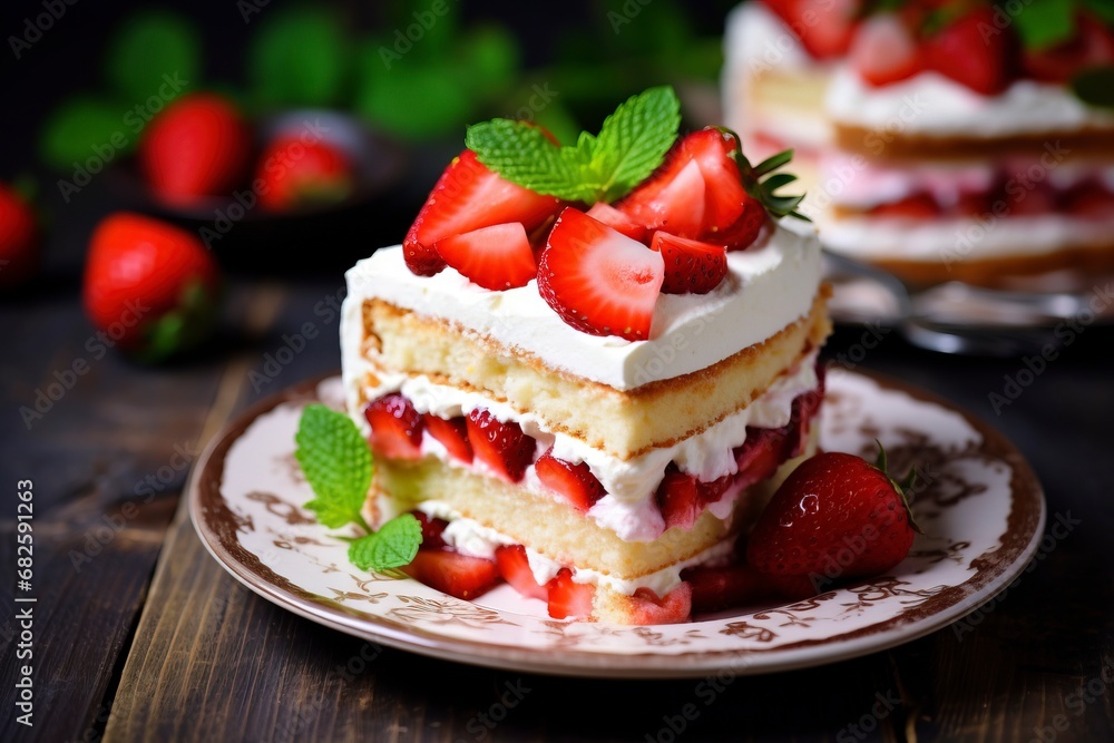 Photo delicious and sweet cake with strawberries and baiser on a plate , copy space, generative ai