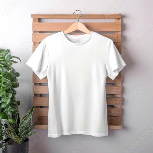White t-shirt on wood background, mockup for design template