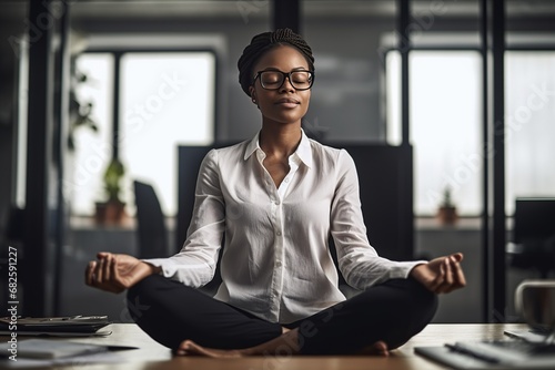 African ethnicity business woman doing yoga in the office sitting on her desk with folded legs and closed eyes photo