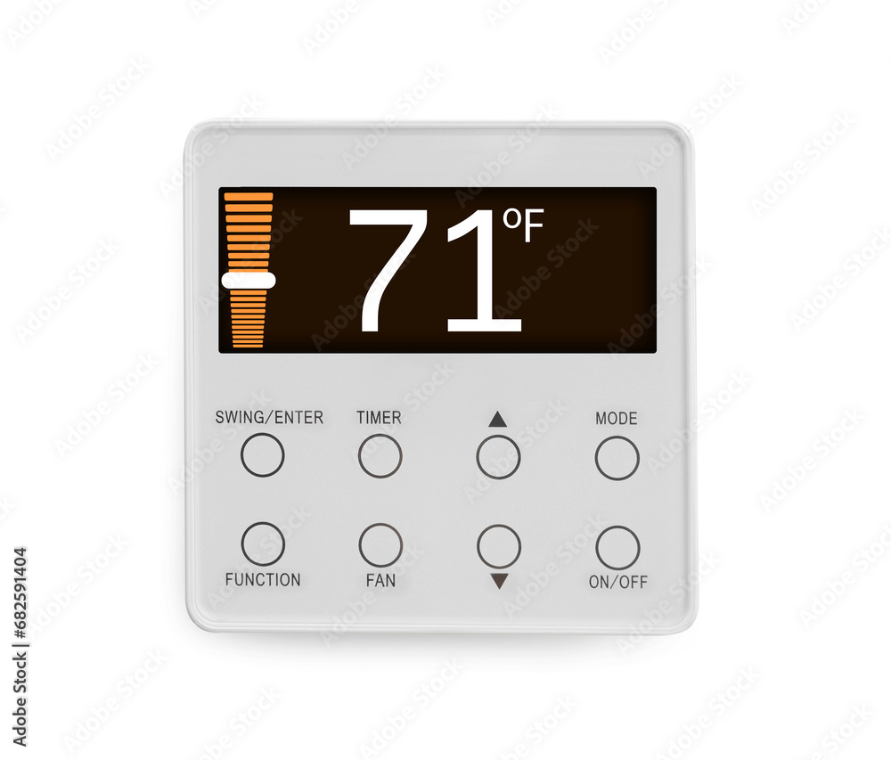 Thermostat displaying temperature in Fahrenheit scale. Smart home device on white background Thermostat displaying temperature in Fahrenheit scale. Smart home device on white background