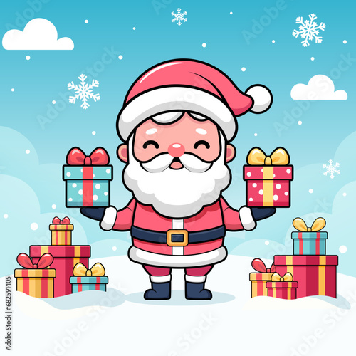Smiling Santa Claus holding Christmas gift boxes on blue sky background with snowflakes, clouds, presents lying around on the ground. Vector cartoon illustration.