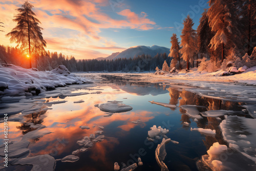 Blue winter background, frozen lake, brilliant sun rising over forests and mountains, sunlight reflecting on ice. © evgenia_lo