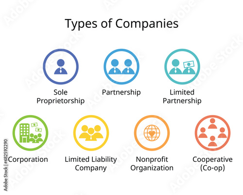 Types of companies or Business Structures such as sole Proprietorship, Partnership, Limited Partnership, Corporation, Limited Liability Company, NGO, Cooperative