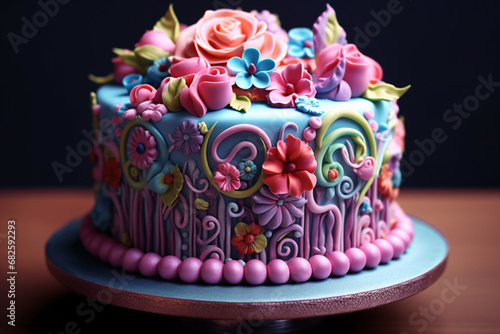 Beautiful, elegant birthday cake with flowers and candles. Generative AI.