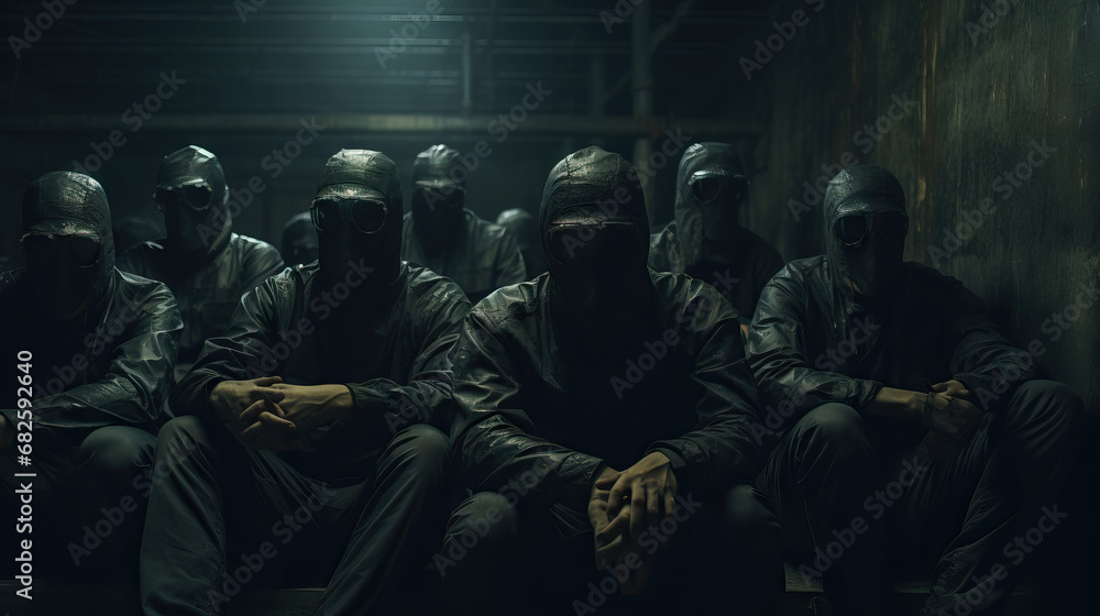 Dark hooded figures sitting in dark room creepy and unsettling gas mask. Concept of Menacing Presence, Creepy Gathering, Sinister Figures in Hiding, Unsettling Atmosphere, Eerie and Obscure Characters Dark hooded figures sitting in dark room creepy and unsettling gas mask. Concept of Menacing Presence, Creepy Gathering, Sinister Figures in Hiding, Unsettling Atmosphere, Eerie and Obscure Characters